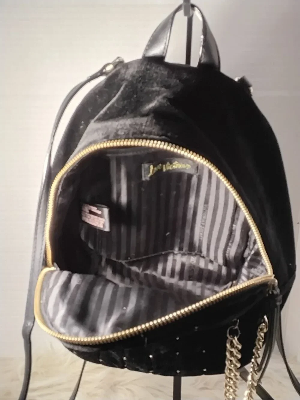 Victoria's Secret Black Velvet Mini Back Pack Gold Accents Adjustable Straps